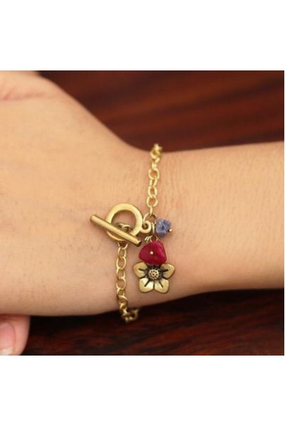 Taital : Romantic colorful chips stone with brass flower charm gold plated chain bracelate